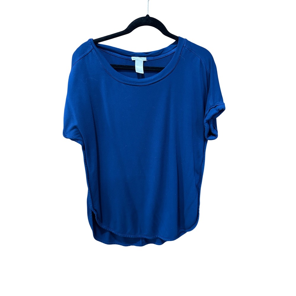 Matty M Womens Royal Blue Short Sleeve Rolled Cuff Curved Hem Top Size Medium
